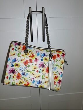 Carlos Santana Floral Large Shoulder Bag with Tassel - White